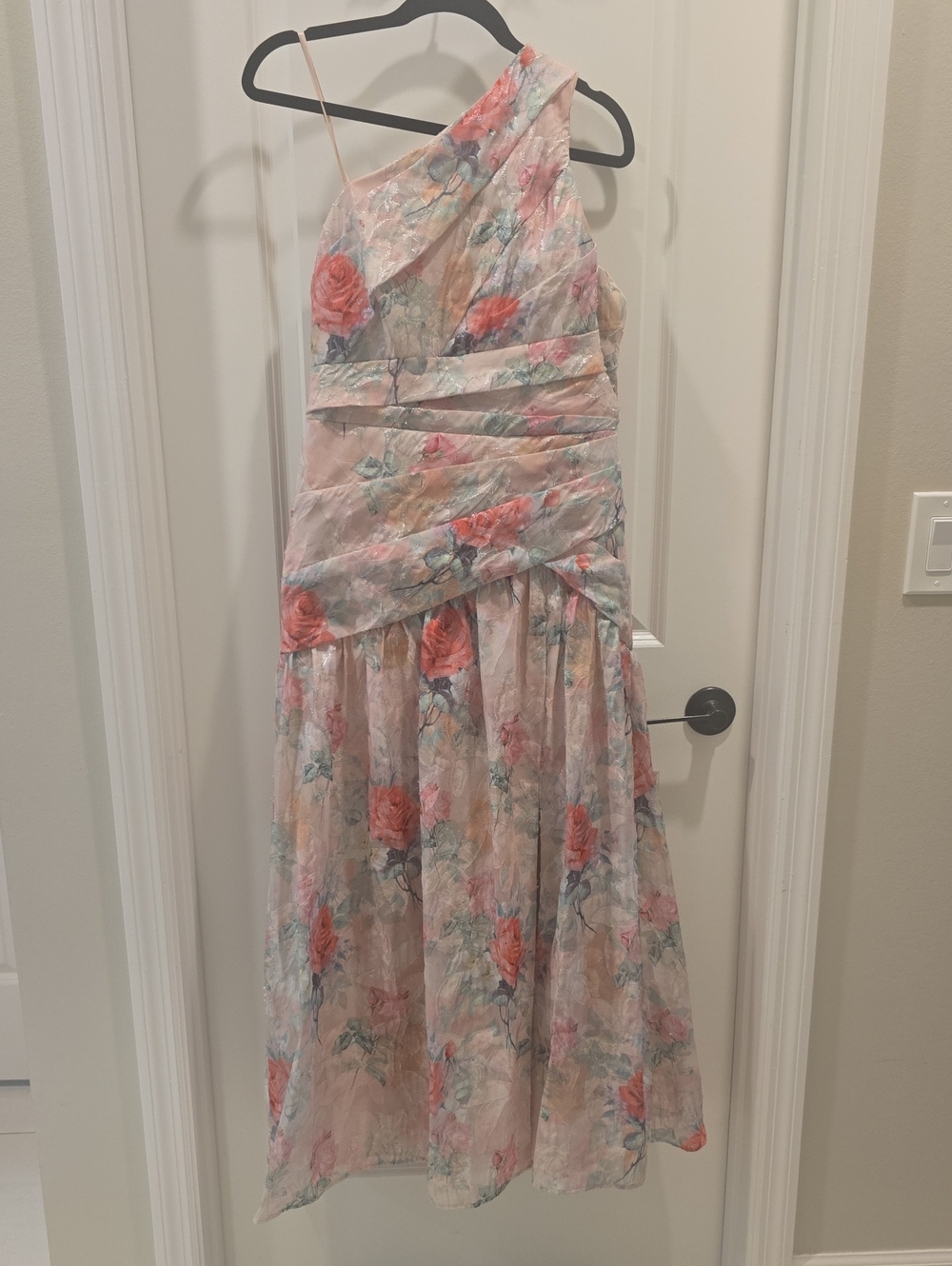 Aidan Mattox Blush Pink One-Shoulder Floral Midi Dress